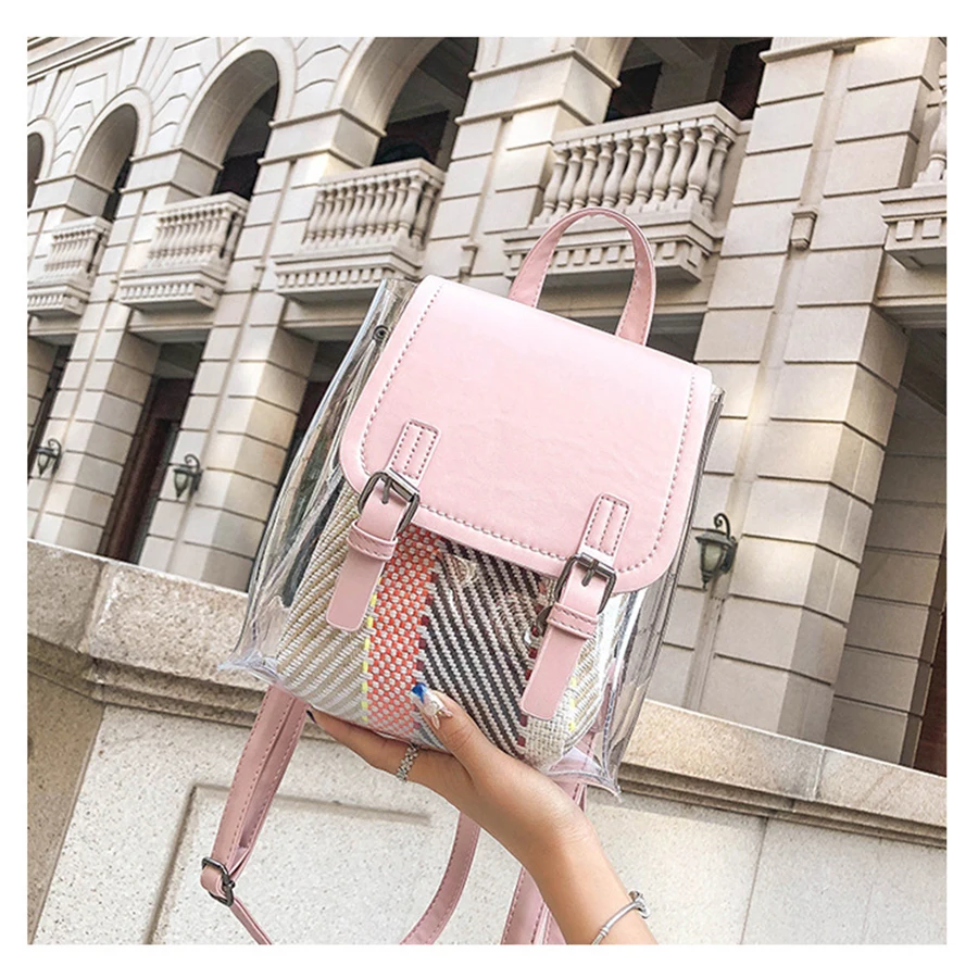 

Clear Transparent Women Backpack Fashion Striped Student School Travel Backpack Luxury PU Leather Schoolbags For Teenage Girls