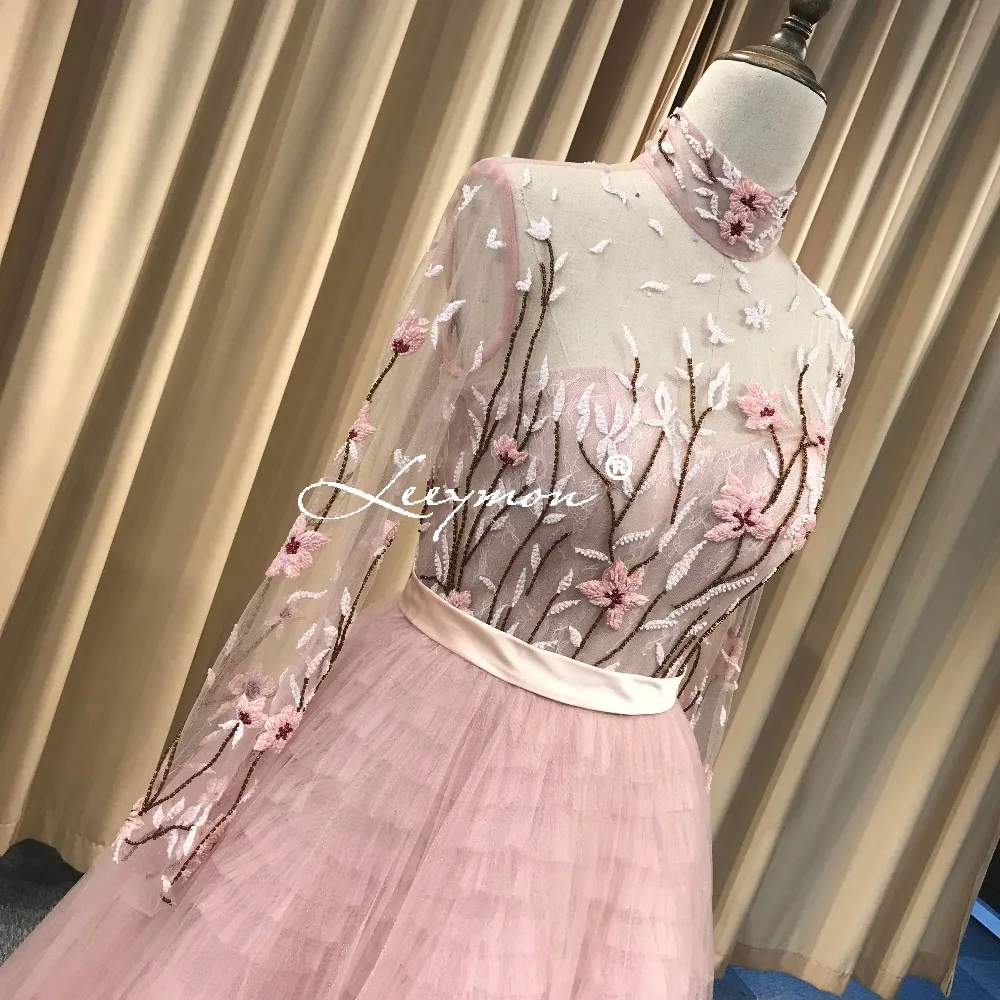 Leeymon Лимонно-розовый A линия вечернее платье с длинными рукавами длина пола кружева бисером высокого класса вечернее платье вечернее платье