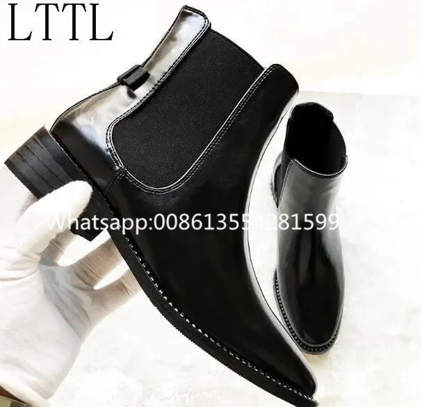 Real Picture!Fashion Cool Black Ankle Booties Solid Motorcycle Boots Women Spring Autumn Pointed Toe Low Square Heels Booties