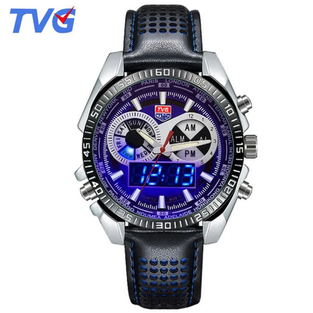 

Hot TVG Watches Men Blue Led Disply Analog-Digital Quartz Watch Leather Band Men Sports Watches 30M Waterproof relogio masculino