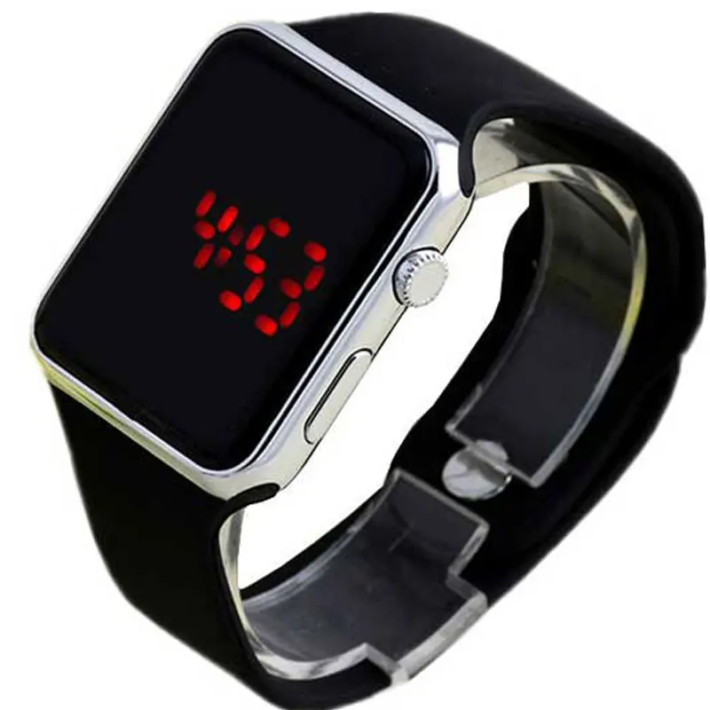 Red light Square Mirror Face Silicone Band Digital Watch LED Watches