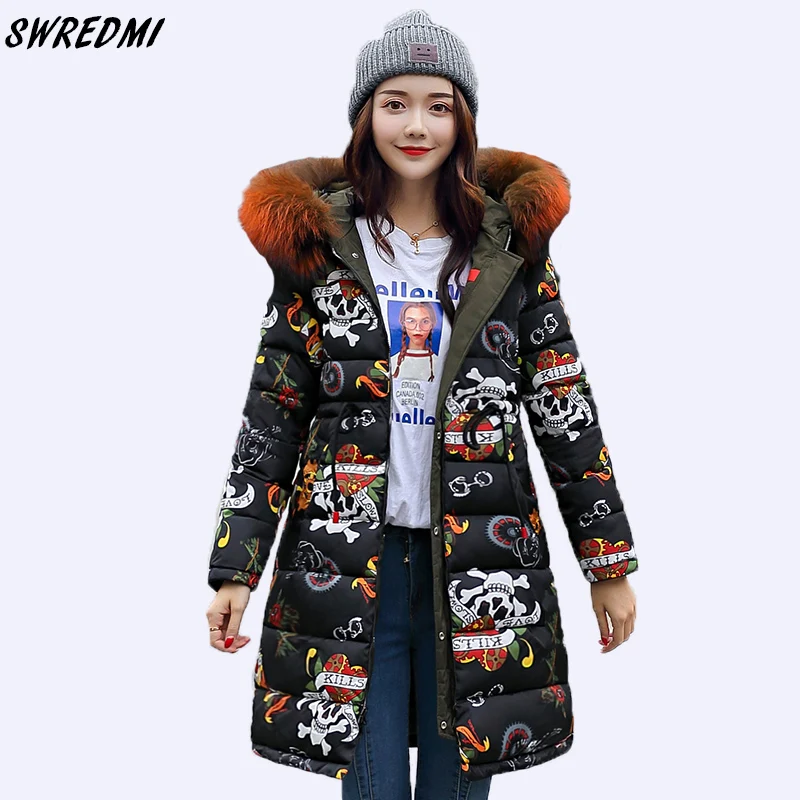 

SWREDMI 2019 New Fashion Two Size Can Wear Women Parkas For Winter Printing Thicken Warm Wadded Jacket Plus Size Fur Cotton Coat