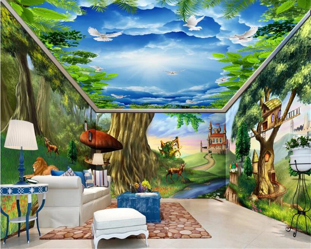 Beibehang Moda Estrema Grande Carta Da Parati Sogno Fiaba Foresta Animale Castello Full House Sfondo Della Parete Pittura Papier Peint