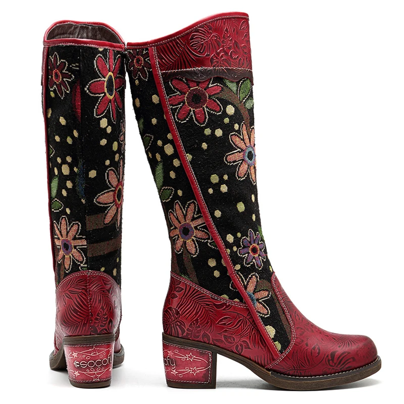 Socofy/Винтажные ковбойские ботинки в стиле пэчворк; женская обувь; обувь из натуральной кожи в богемном стиле; женские ботинки до середины икры; сезон осень; botas Mujer