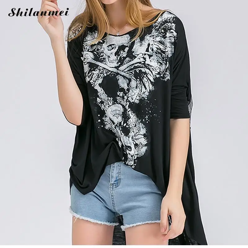 

Summer Style Punk Rock Skulls Prints Fashion Black White Loose Women T Shirt Sexy Back Cross Batwing Sleeve Tee Shirt Streetwear