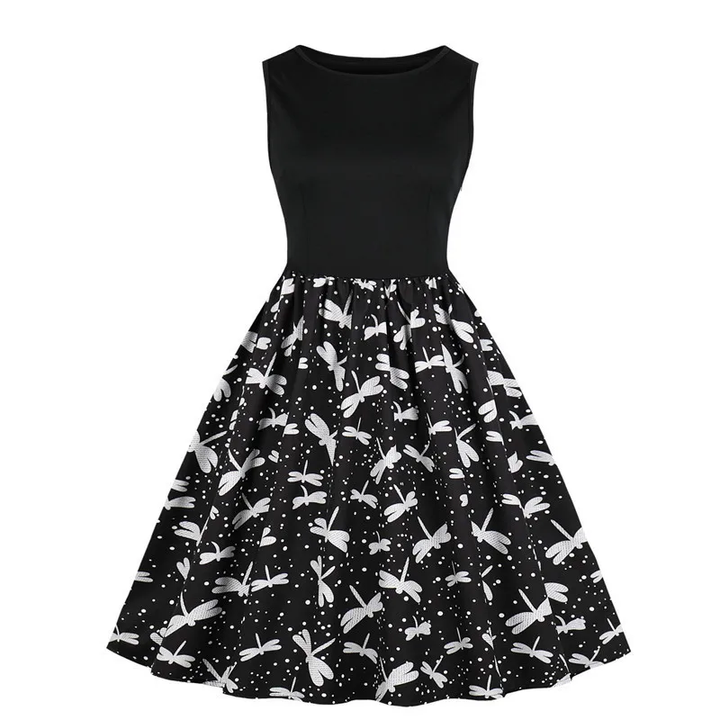 

Fashion Casual Summer 2019 Patchwork O-Neck 50s 60s Vintage Dresses Festa Evening Party Dress Sleeveless Sexy Vestidos
