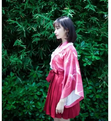 Японское кимоно юката версия красная одежда с рисунком журавлей Топы+ красная плиссированная юбка Женский комплект из 2 предметов