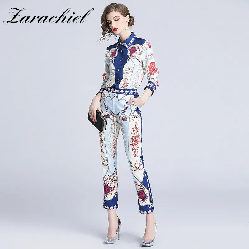 

Runway Clothing Suit Set 2019 Women's Long Sleeve Blouse Shirt and Vintage Blue Print Casual Pencil Pants Suit Two Piece Set