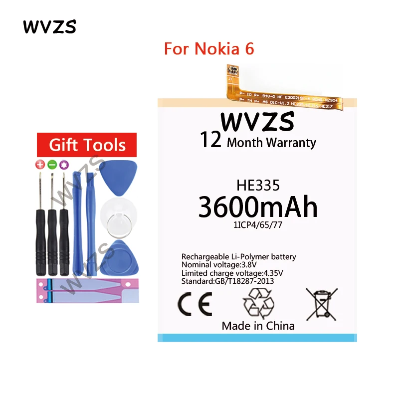 

wvzs 3600mAh Replacement Battery HE335 For Nokia 6 N6 TA-1000 TA-1003 TA-1021 TA-1025 TA-1033 TA-1039 Li-Polymer Batteries