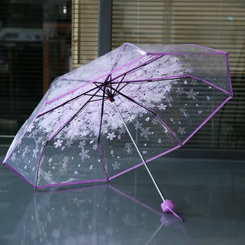 

Transparent umbrella portable three fold UV folding durable windproof high quality art fresh and lovely compact umbrella gifts