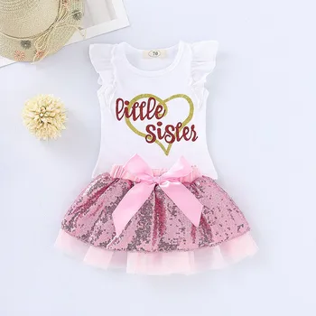 

2019 Toddler Baby Girls clothing for girls Sleeveless T-shirt Tops+Sequin Bow Tutu Skirt clothes Set Outfits Girls Costumes
