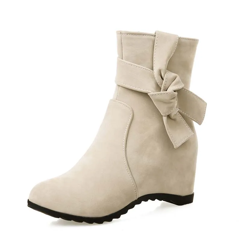 

Wedges Women Boots Shoes New Round Toe Fashion  Flock Zip Snow Boots Bow Big Size 34-43Warm Black  Beige Mei red
