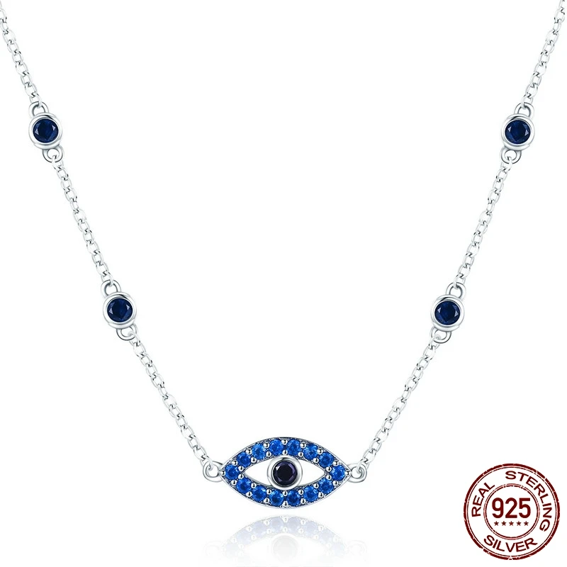 

MYBEBOA Real 925 Sterling Silver Guardian Lucky Eye Blue CZ Chain Pendant Necklaces for Women Sterling Silver Jewelry