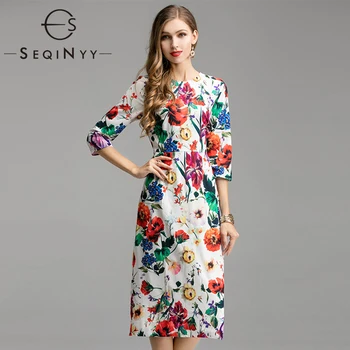 

SEQINYY Printed Dress Colorful Flowers Summer Spring New Fashion Design 2019 Half Sleeve Women Slim Midi Dress XXL