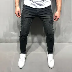 Мужские обтягивающие черные джинсы в полоску, хип-хоп, уличная одежда с необработанными краями, рваные, с принтом, новинка 2019 года, легкие
