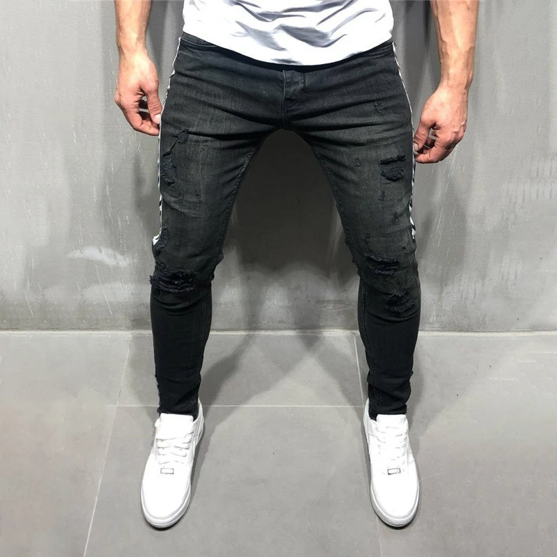 

Men's Skinny Black Jeans Stripes Hip Hop Streetwear Raw Edge Ripped Skinny Printed 2019 New Lightweight Cotton Jeans