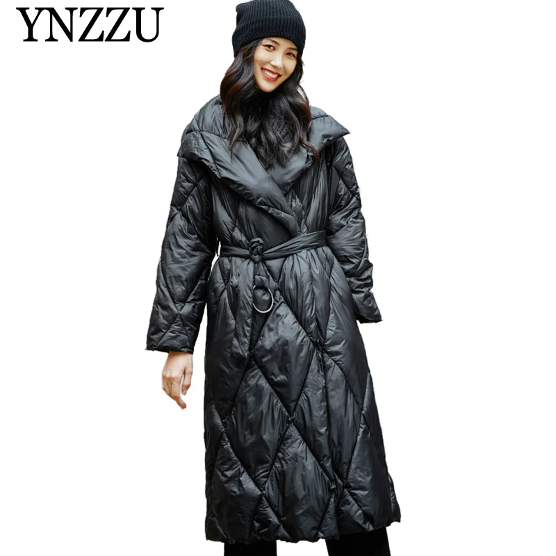 

YNZZU 2019 New Black Women's Winter coat parka European style long sleeve with belt Sustans Coat Turn down collar parka YO860