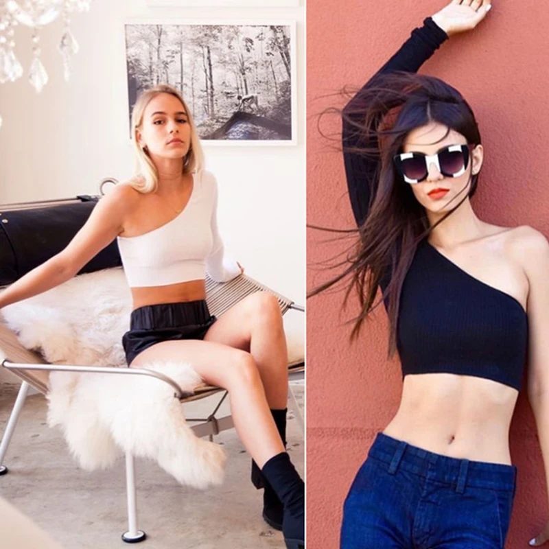 

Bigsweety Women Tops Sexy One Shoulder Long Sleeve Camisole Femal Crop Tops Elastic Short Knitting Cropped Cami Tees Streetwear