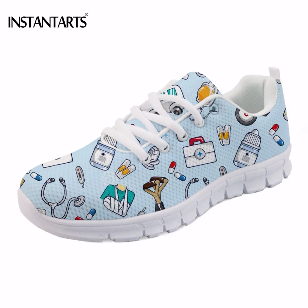 

INSTANTARTS Cute Cartoon Nurse Print Sports Shoes Woman Breathable Air Mesh Lace Up Sneakers for Women Outdoor Running Gym Shoes