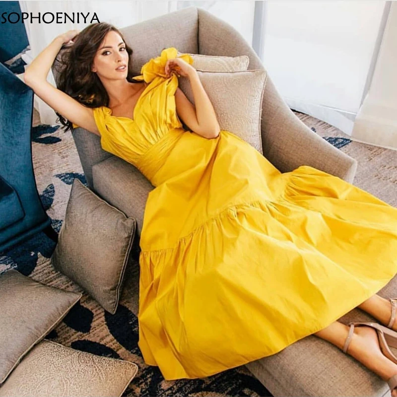 

New Arrival Yellow evening dress Short V neck Taffeta Arabic Cheap evening gowns 2019 vestido formal mujer Formal dress