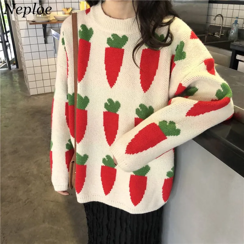 

Neploe Carrot Pattern Sweater Loose Pull Femme O-neck Warm Pullover Long Sleeve Jumpers Women Autumn Winter Clothes 37425