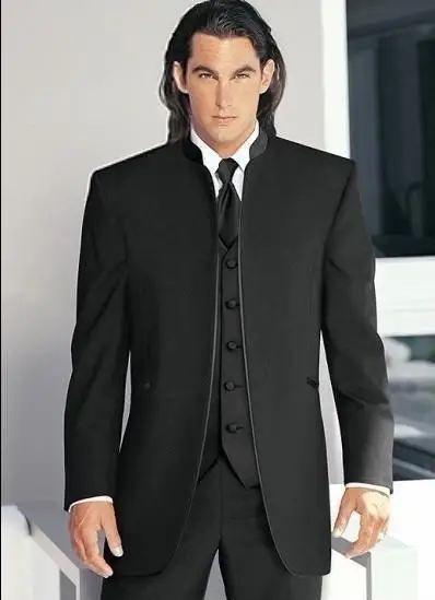 2018 New Black Stand Collar Men Wedding Suits 3 Pieces(Jacket+Pants+Vest+Tie) Custom Made Groom Tuxedos Best Man Wedding Grooms