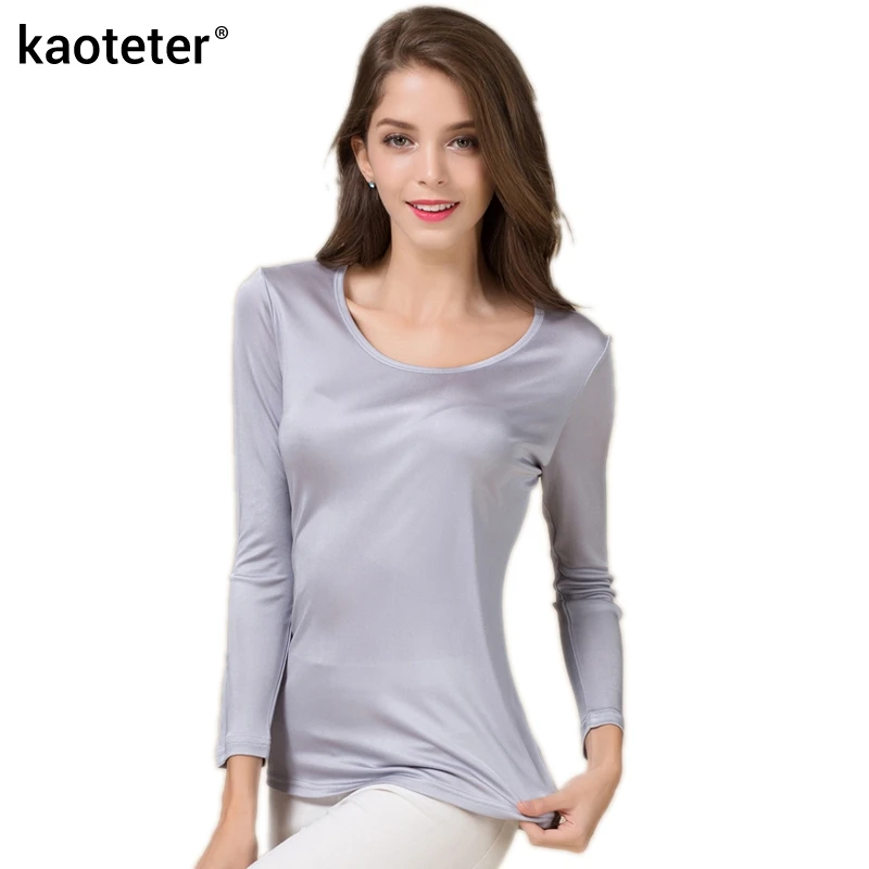 Ceny 100% czysty jedwab kobiet koszulki z długim rękawem kobiety O Neck kobiet podstawowe dzikie najniższy Femme koszulki topy moda kobieta