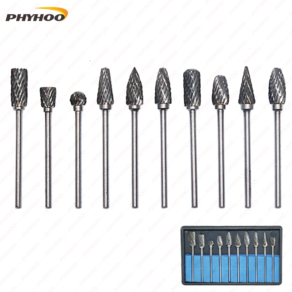 10 Pieces Tungsten Carbide Rotary Burr Set with 2.35mm Shank Fit Dremel Tool Grinder Drill Woodworking Drilling Carving