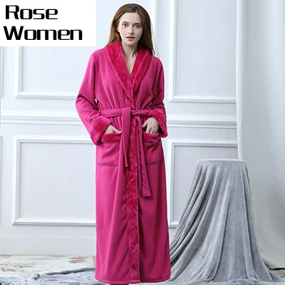 Женский удлиненный утепленный флисовый термо-халат, кимоно, меховой фланелевый теплый банный халат, зимний халат, мужские халаты, пеньюар - Цвет: Women Rose