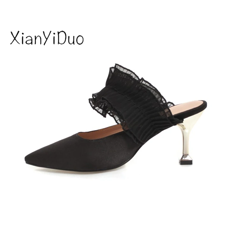 

XianYiDuo Summer Shoes Women's Slippers high Heels Ruffles lace big large plus size 33-48 Flip Flops Pointed Closed toe/Z-40