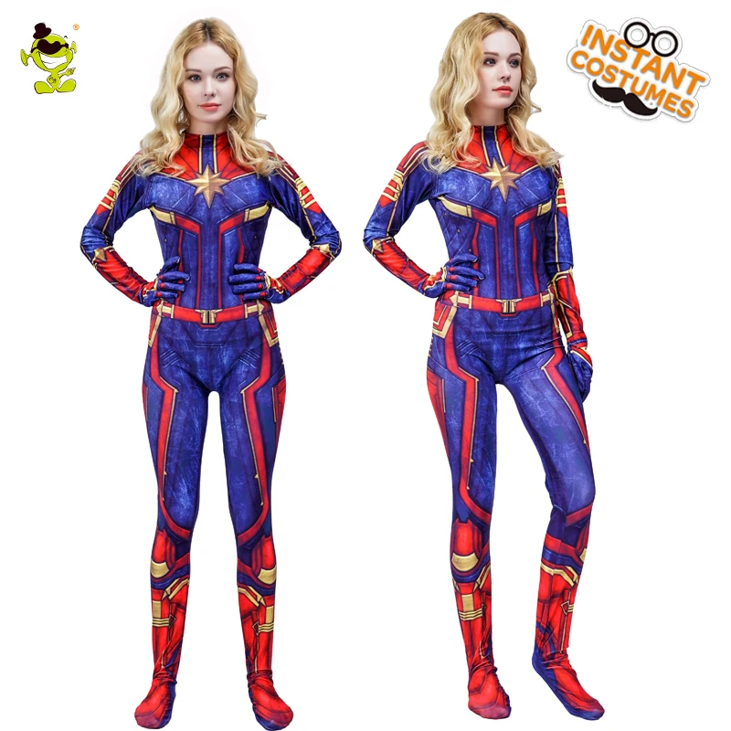 

Adult Women Captain Marvel Costume Movie Superhero Fancy Dress Avenger Bodysuit for Halloween Costume