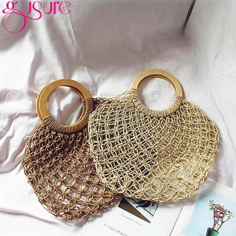 

Gusure Hollow Out Straw Bags Women Mesh Net Knit Soft Handbag Weave Summer Beach Travel Ladies Wrist Hand Totes Bag round handle