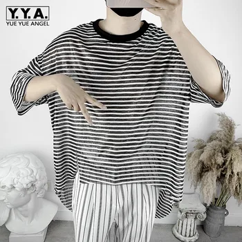 

Summer Thin Mens Loose Fit Striped T-shirt Hip Hop Irregular Three Quarter Tees Tops O Neck Casual Streetwear T-shirts Free Size