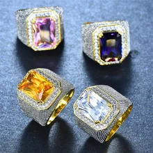 موضة جديدة كبيرة الذكور الأرجواني الأصفر هندسية خاتم الزركون حجر خاتم الخطوبة 18KT الذهب خواتم الزفاف كبيرة للرجال(China)