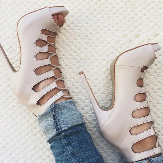 

2017 Most popular white beige brown lace-up heels cutouts design peep toe women Summer sexy high heels ankle boots stilettos