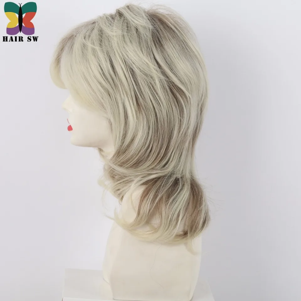 Women Blonde With Dark Root Full Wig Medium Length Cascaded