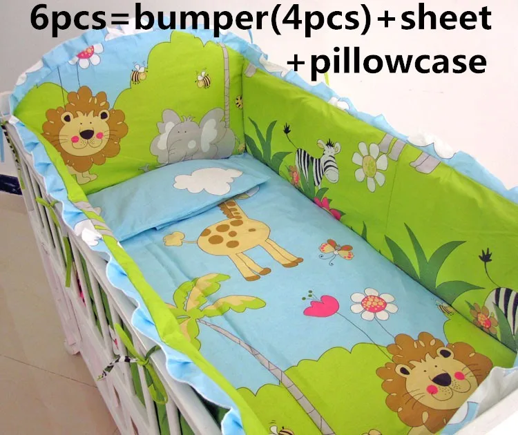 ФОТО Promotion! 6PCS Cotton Bed Linen Cot Baby Crib Bedding Set for Girls Boys Baby Bed Linen ,include:(bumper+sheet+pillow cover)