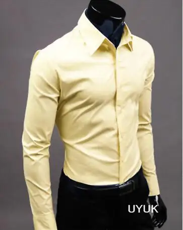 2019Men рубашка с длинным рукавом модные мужские Повседневное рубашки хлопок сплошной Цвет Бизнес Slim Fit социальные Camisas Masculina RD464 - Цвет: Light yellow