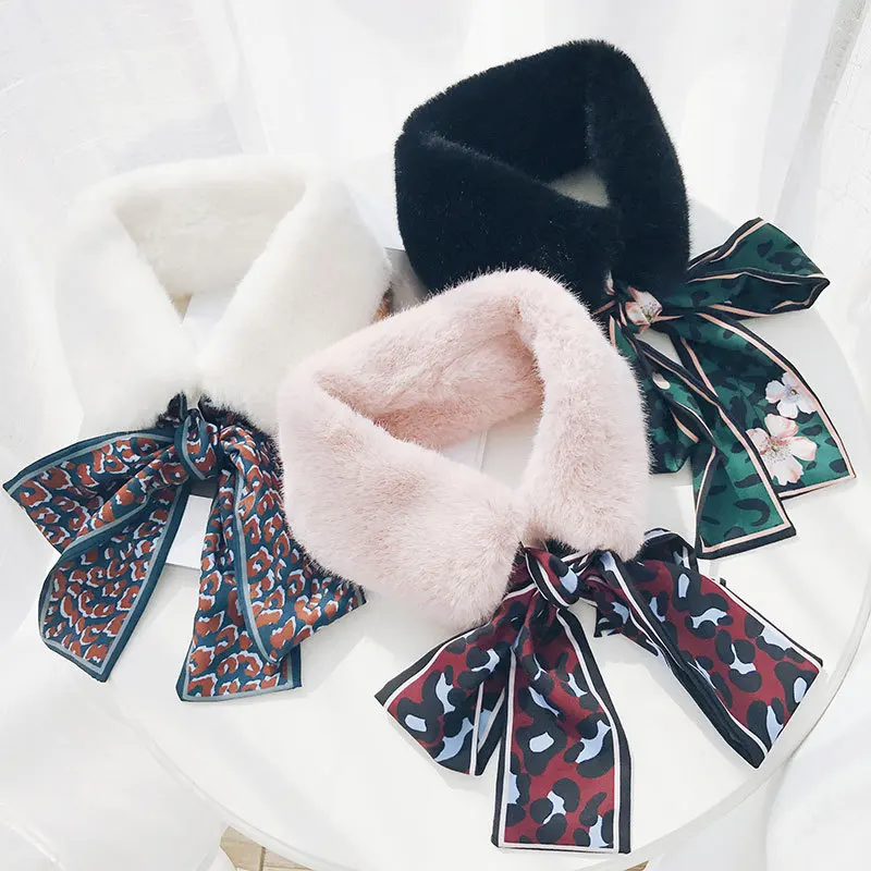 

Fashion Chiffon Leopard Scarf For Children Girls Winter Warm Plush Faux Fur Scarf With Ribbon Strap Collar High Quality