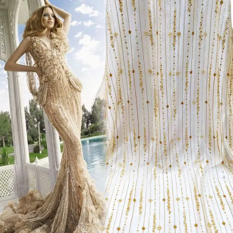 

5yards 2018 new stripe French lace sequins beaded on Tulle embroidery Lace Fabric For wedding Dress cheongsam lace fabric