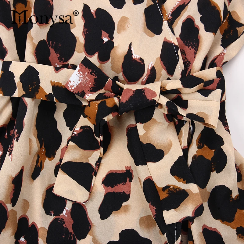 Monysa повседневные леопардовые платья женские летние Новые поступления модное платье с коротким рукавом женское платье миди с v-образным вырезом и поясом