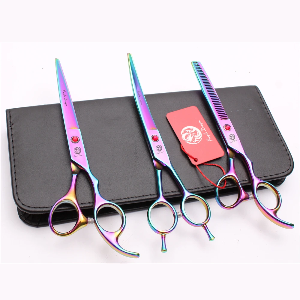 

Z3002 3Pcs Suit 7" 19.5cm Purple Dragon 440C Cutting+Thinning Scissors+UP Curved Shears Professional Pets Hair Scissors Add Bag