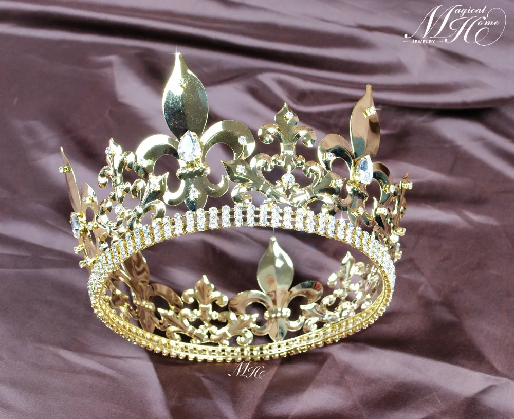 Men's Imperial Medieval King Crown Crystal Prom Party Hair Jewelry Silver /Gold 