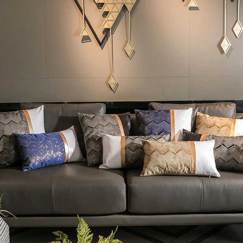 

Europe Luxury Cushion Covers With PU Leather Patchwork Pillowcase Leisure Bar Sofa Cushion Lumbar Hotel Home Throw Pillow Cases