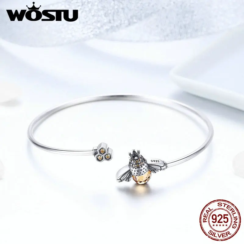 

WOSTU 100% 925 Sterling Silver Hot Sell Bee Glitter Chain Bracelet For Women Original Bangle Fashion Jewelry Wedding Gift FIB104