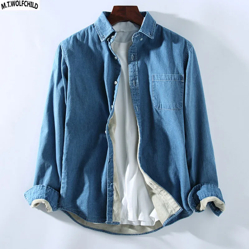 

Fashion 2018 Winter New Mens Distressed vintage long sleeve denim shirts fleece thick Mens lapel shirts male warm denim clothing
