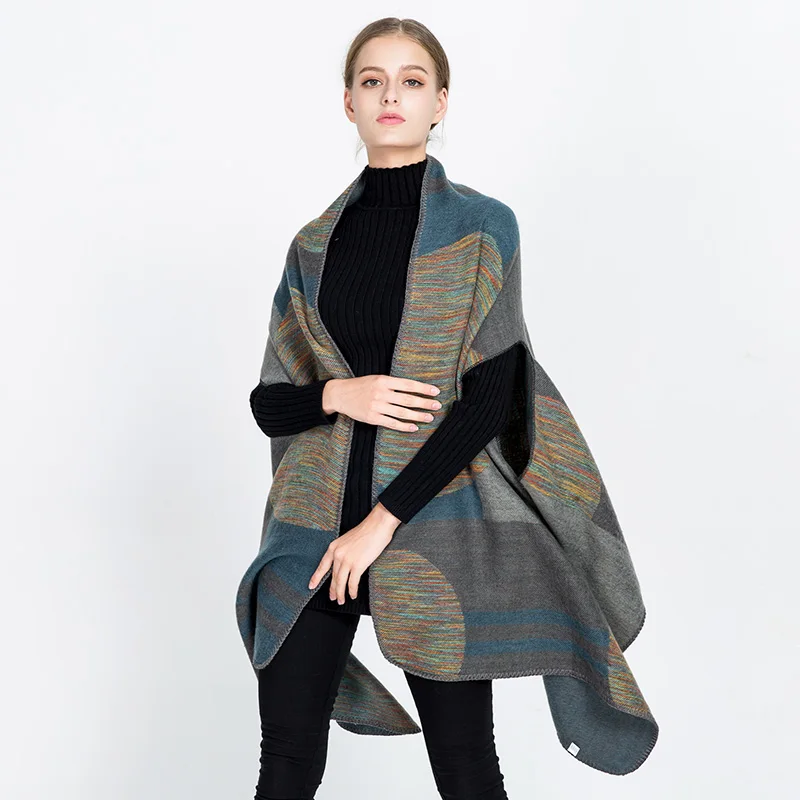 

Autumn Winter New Irregular Color Stripes Poncho Shawl Women Office Warm Scarf Cloak Wrap Fashion Female Poncho Capes