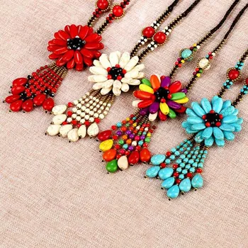 

Statement New Bohemia Natural Stone Flower Pendant Necklaces Red Ethnic Rope Chain Long Tassel Necklaces For Women Charm Jewelry