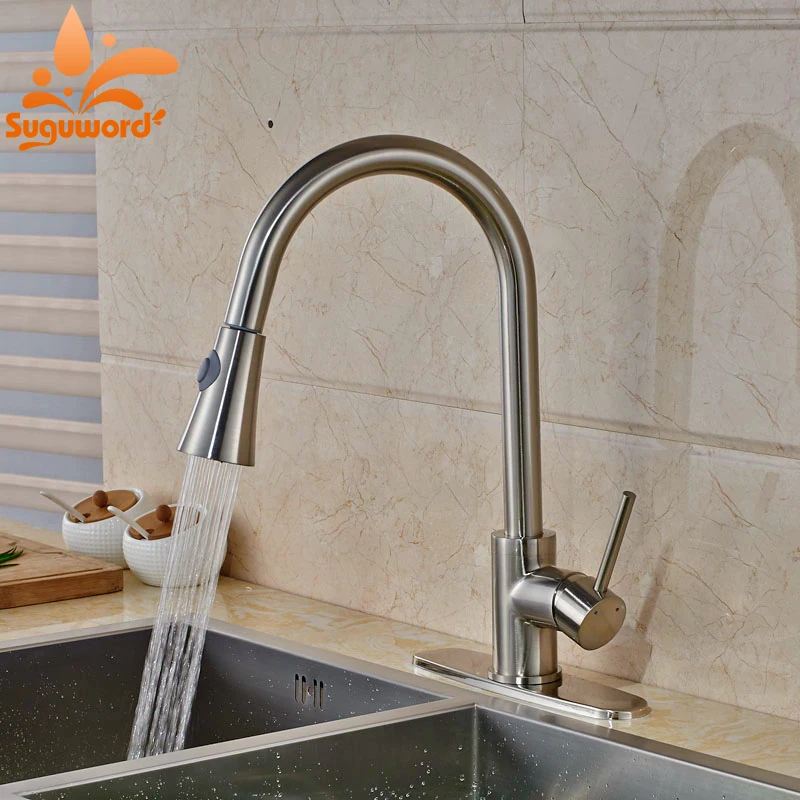 

Deck Mounted Brushed Nickle Kitchen Faucet Pull-Out Sprayer Mixer Single Lever
