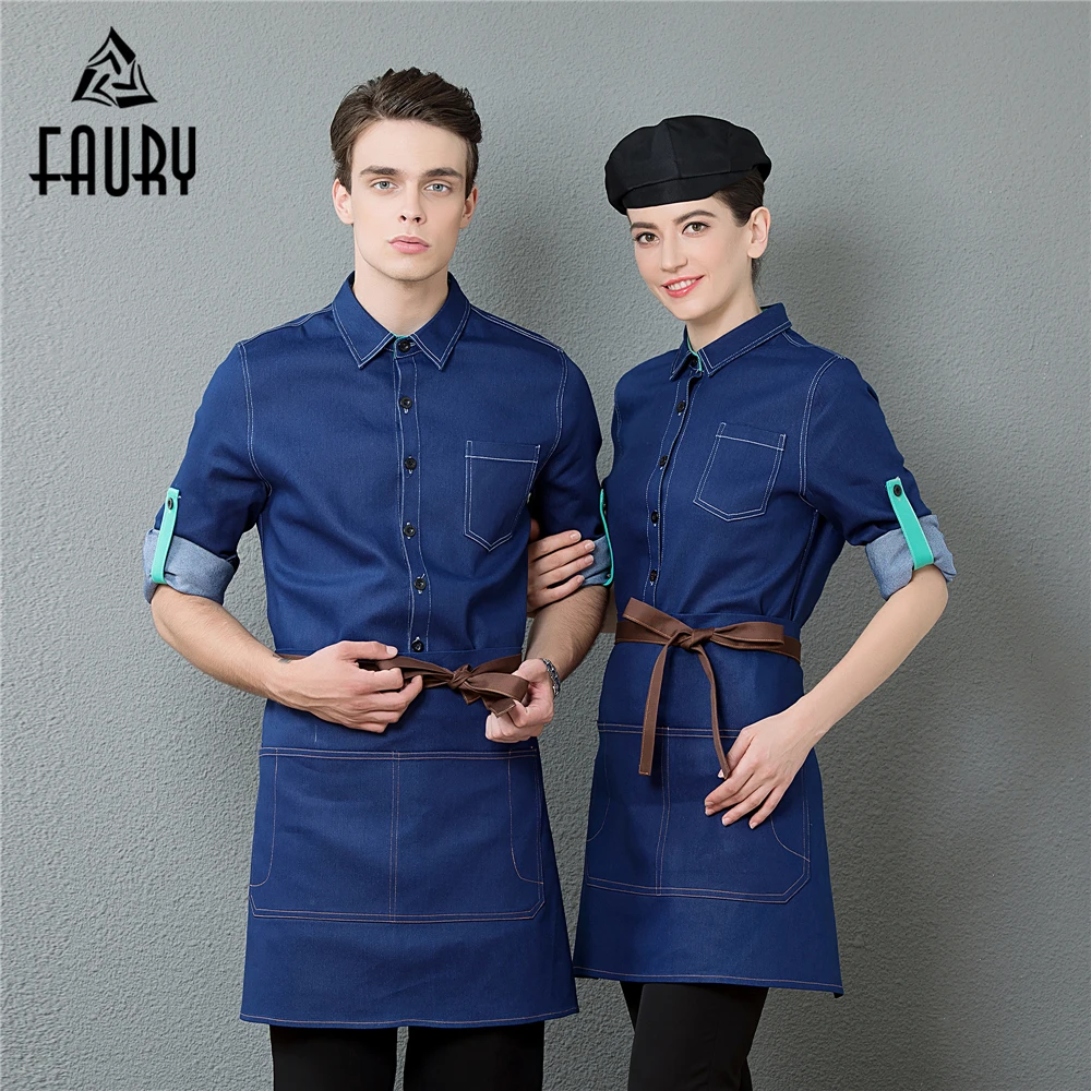 

Women Men Restaurant Chef Clothes Waiter Waitress Denim Adjustable Long Sleeve Shirt Catering Food Service Workwear Uniform Coat